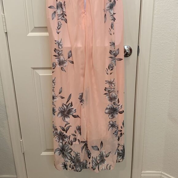 Fashion Mia Large Scoop Neck Short Sleeve Tie Back Peach Gray Floral Maxi Dress - Picture 10 of 14